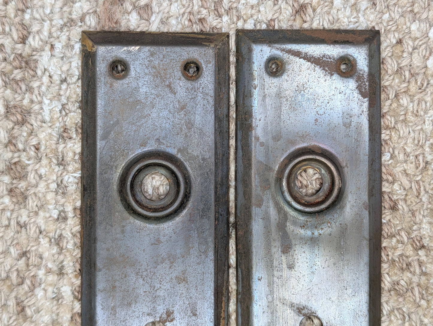 Pair 2 1/4" x 7" Antique Stamped Steel Door Knob Plates