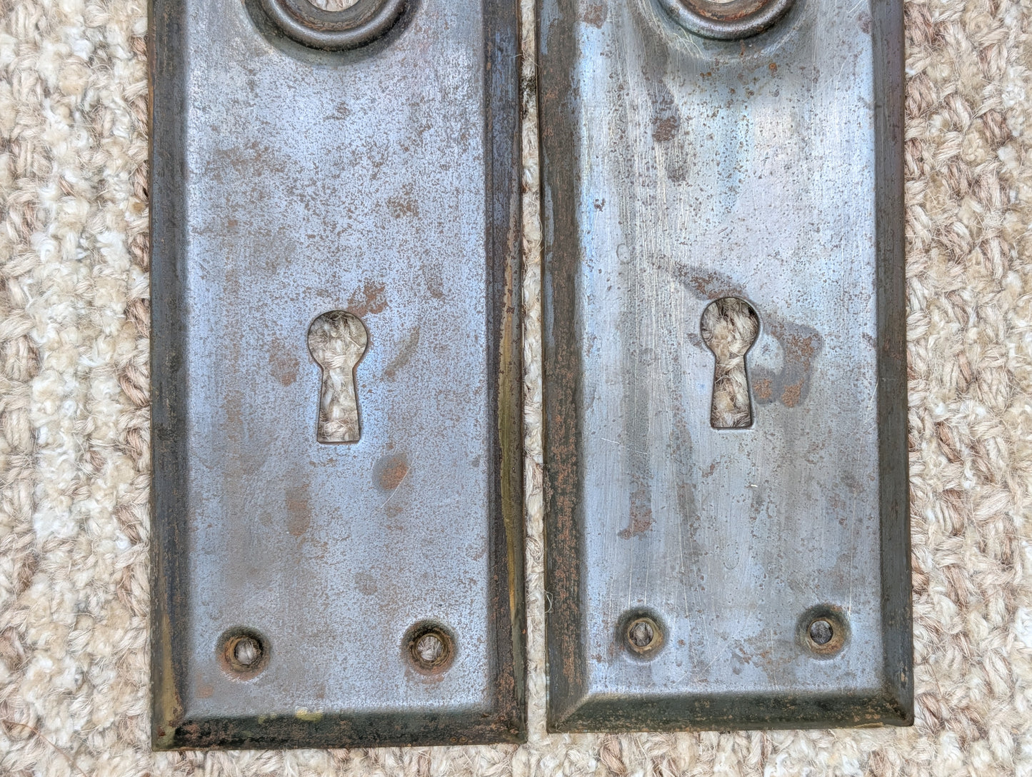 Pair 2 1/4" x 7" Antique Stamped Steel Door Knob Plates