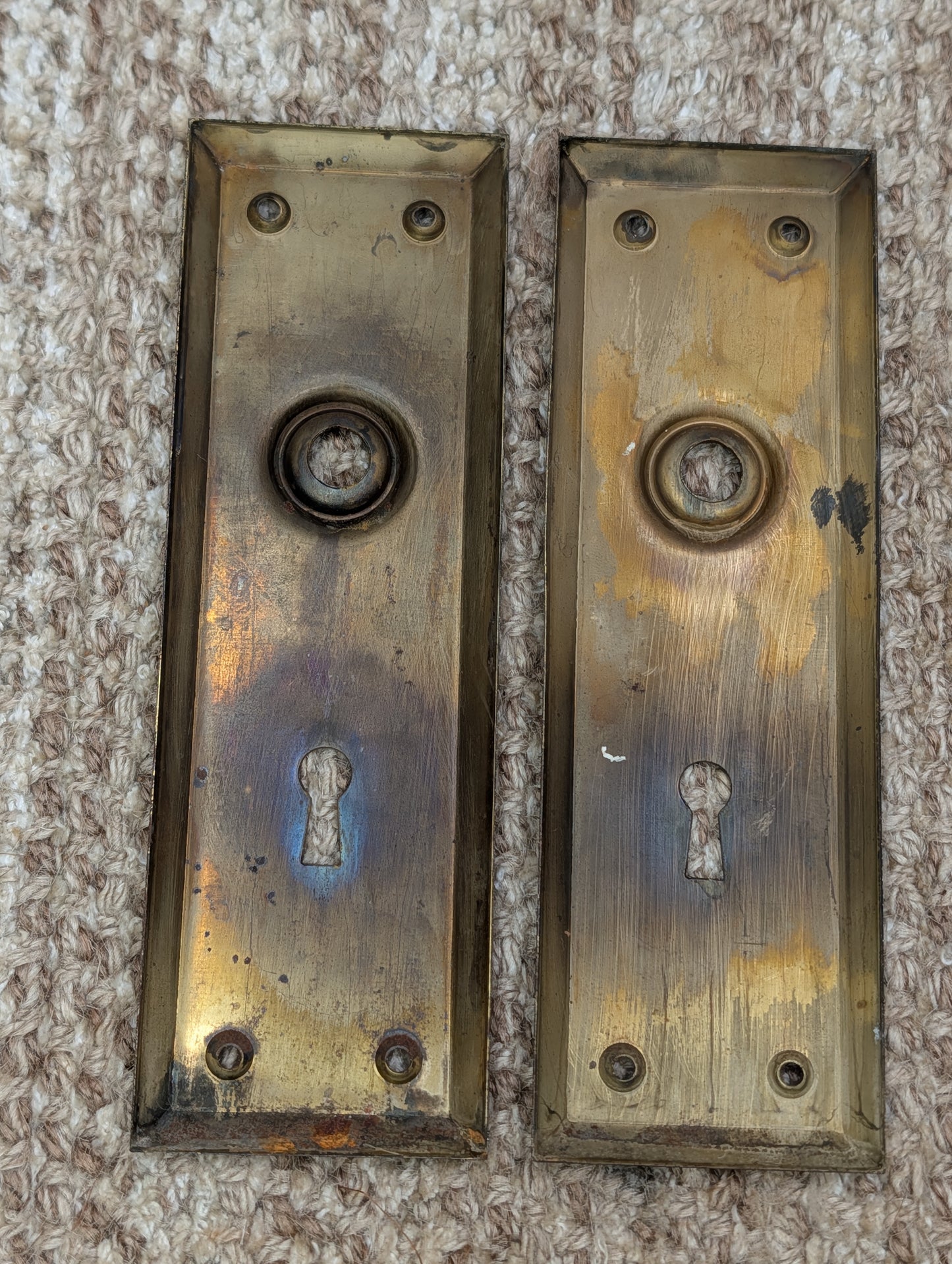 Pair 2 1/4" x 7" Antique Stamped Steel Door Knob Plates