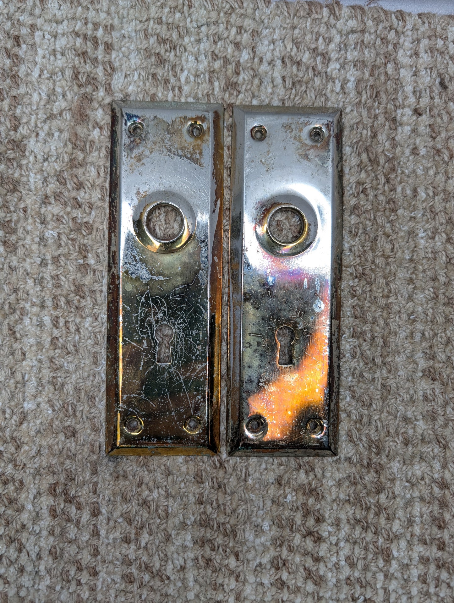 Pair 2 1/4" x 7" Antique Brass Plated Stamped Steel Door Knob Plates