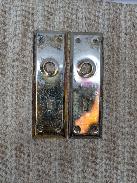 Pair 2 1/4" x 7" Antique Brass Plated Stamped Steel Door Knob Plates