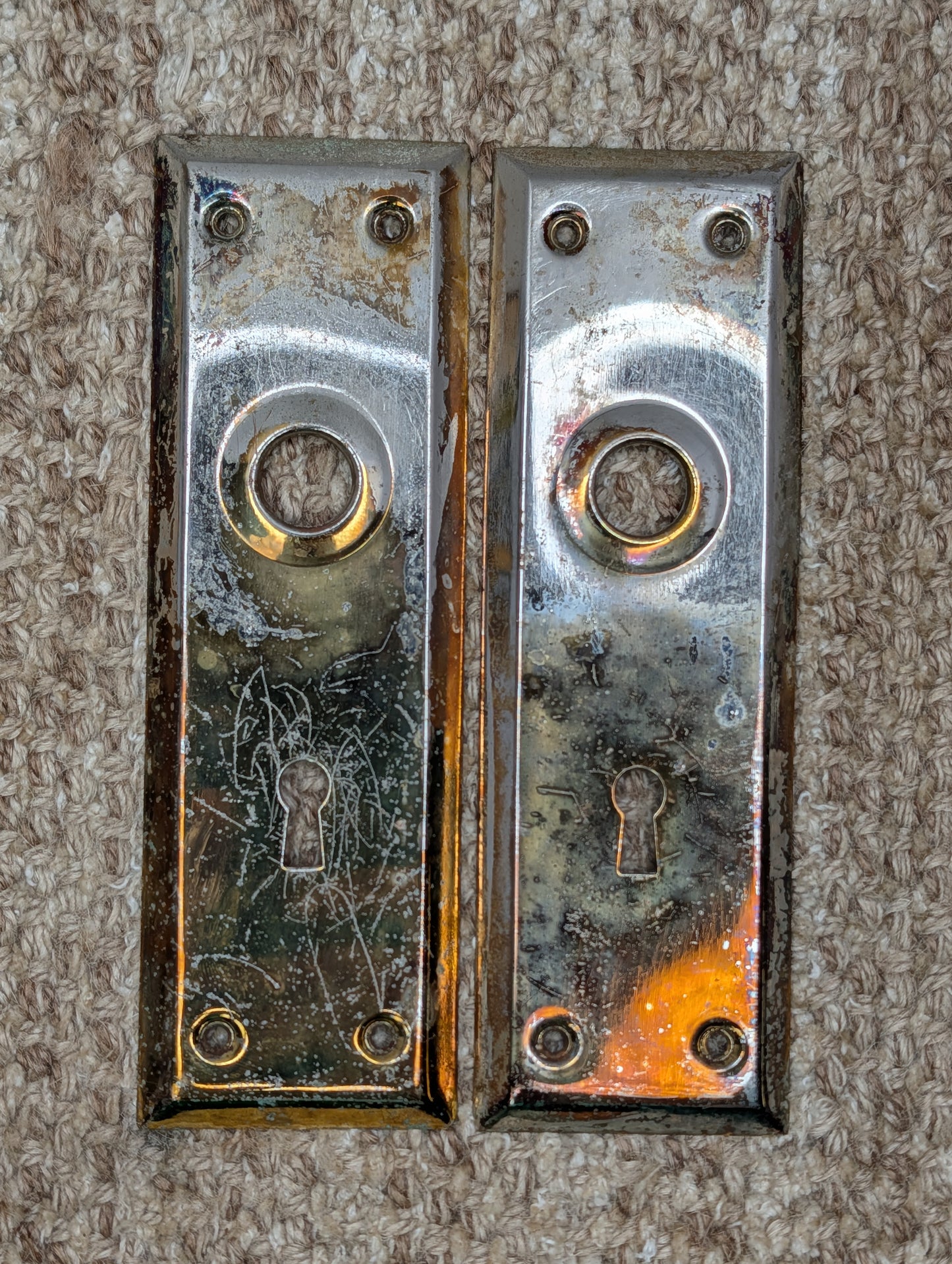 Pair 2 1/4" x 7" Antique Brass Plated Stamped Steel Door Knob Plates