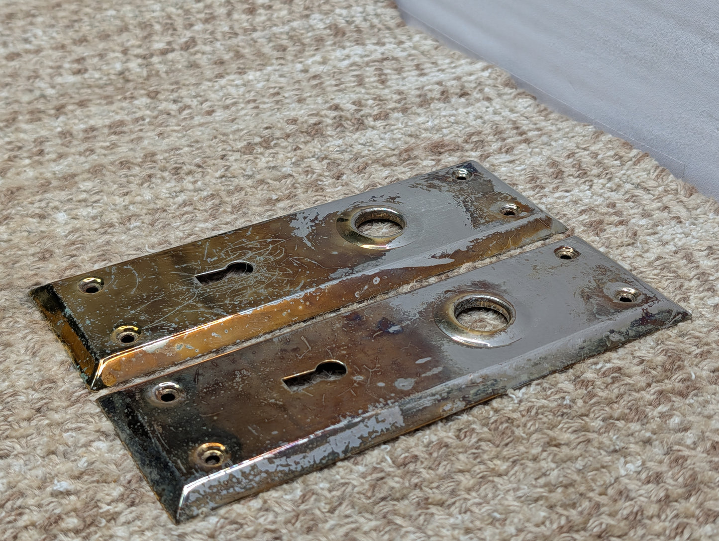 Pair 2 1/4" x 7" Antique Brass Plated Stamped Steel Door Knob Plates