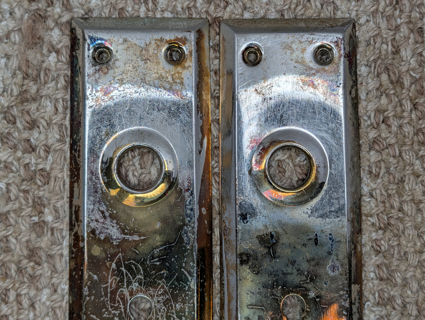 Pair 2 1/4" x 7" Antique Brass Plated Stamped Steel Door Knob Plates