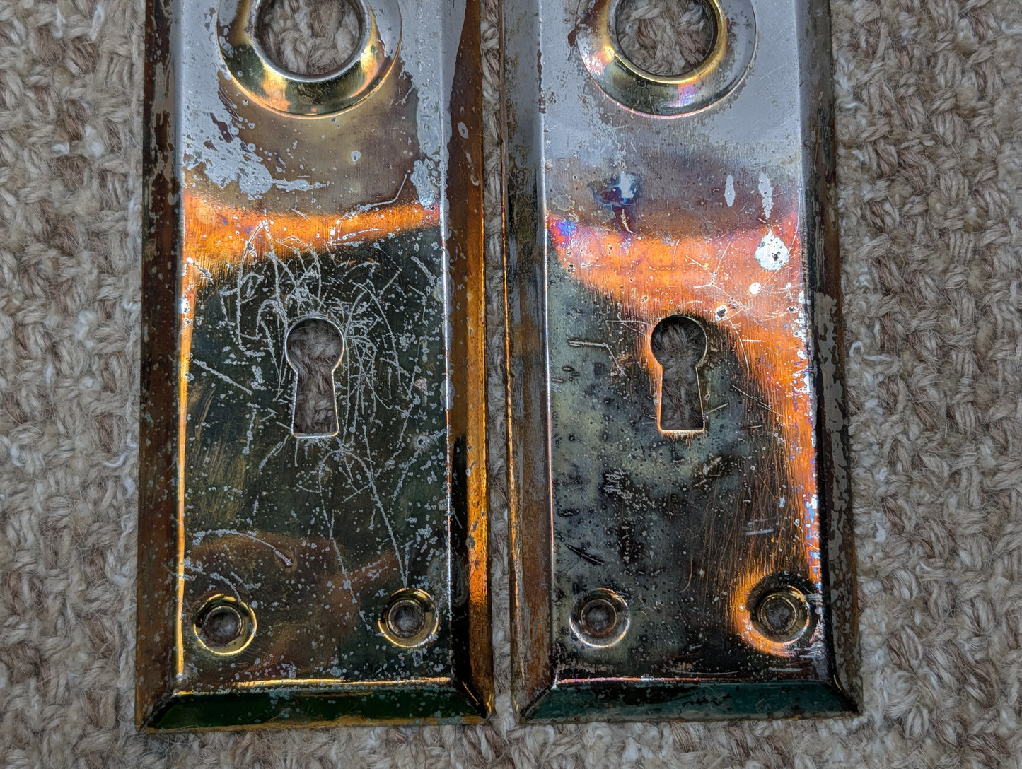 Pair 2 1/4" x 7" Antique Brass Plated Stamped Steel Door Knob Plates