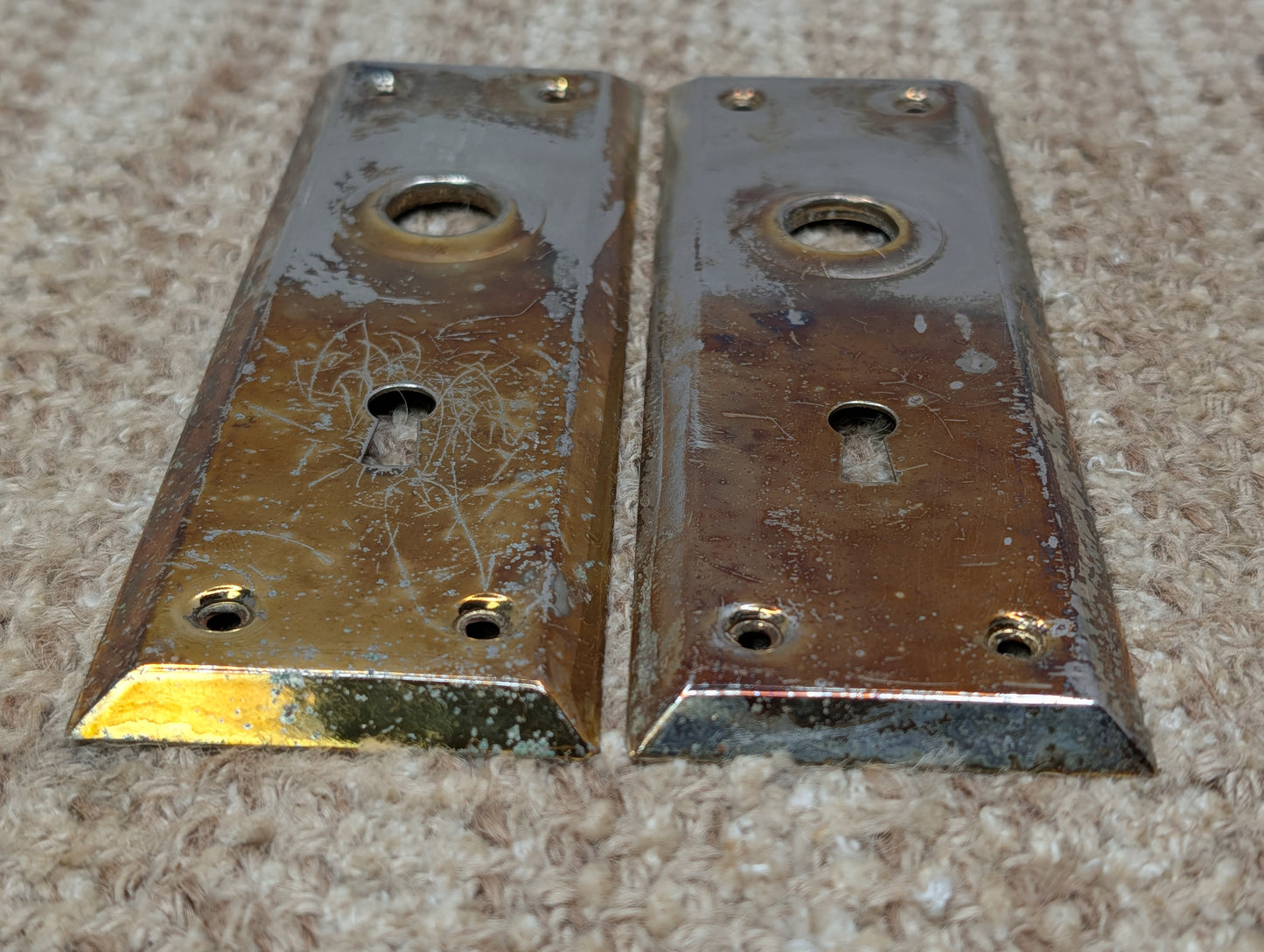 Pair 2 1/4" x 7" Antique Brass Plated Stamped Steel Door Knob Plates