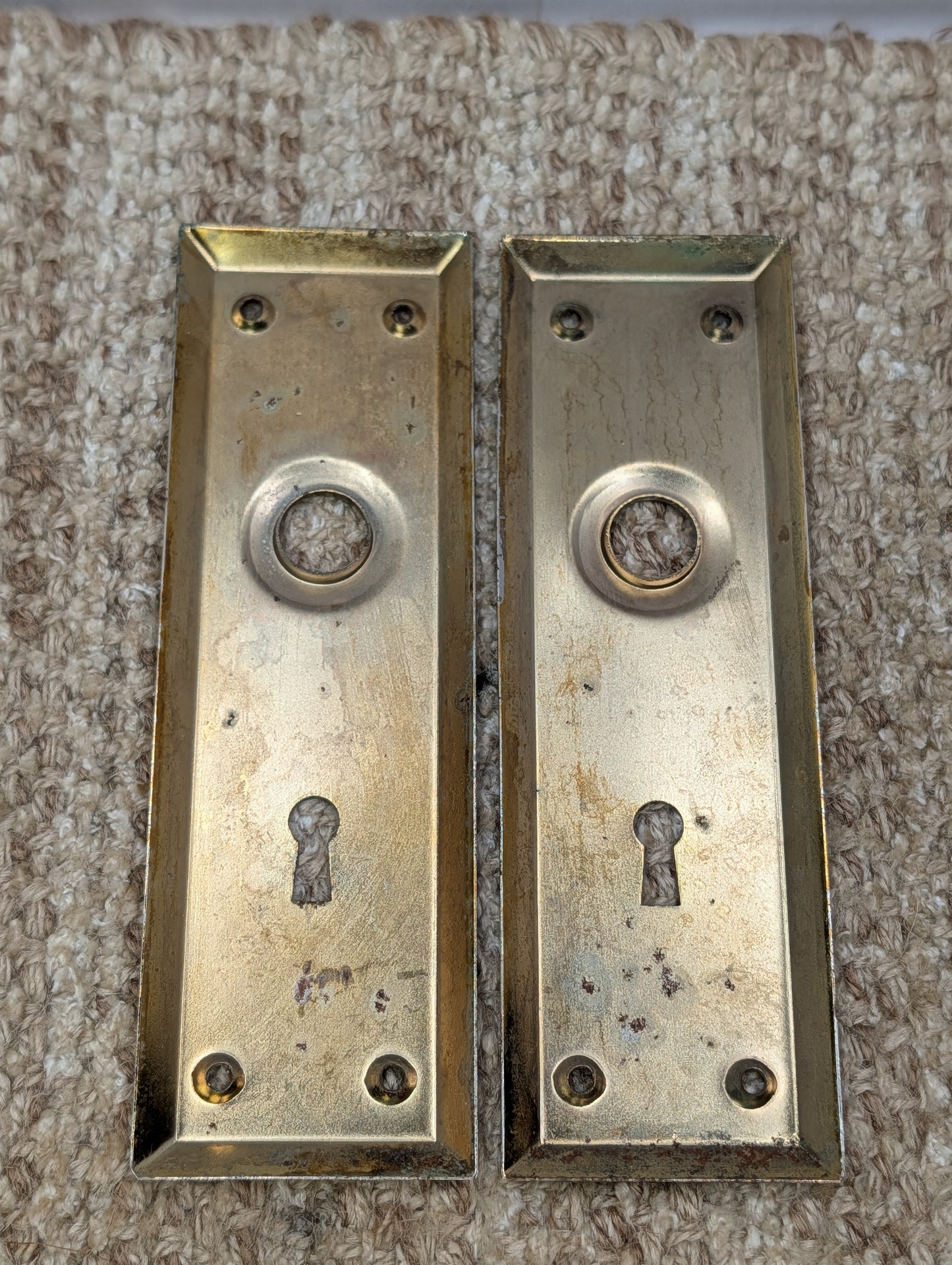 Pair 2 1/4" x 7" Antique Brass Plated Stamped Steel Door Knob Plates