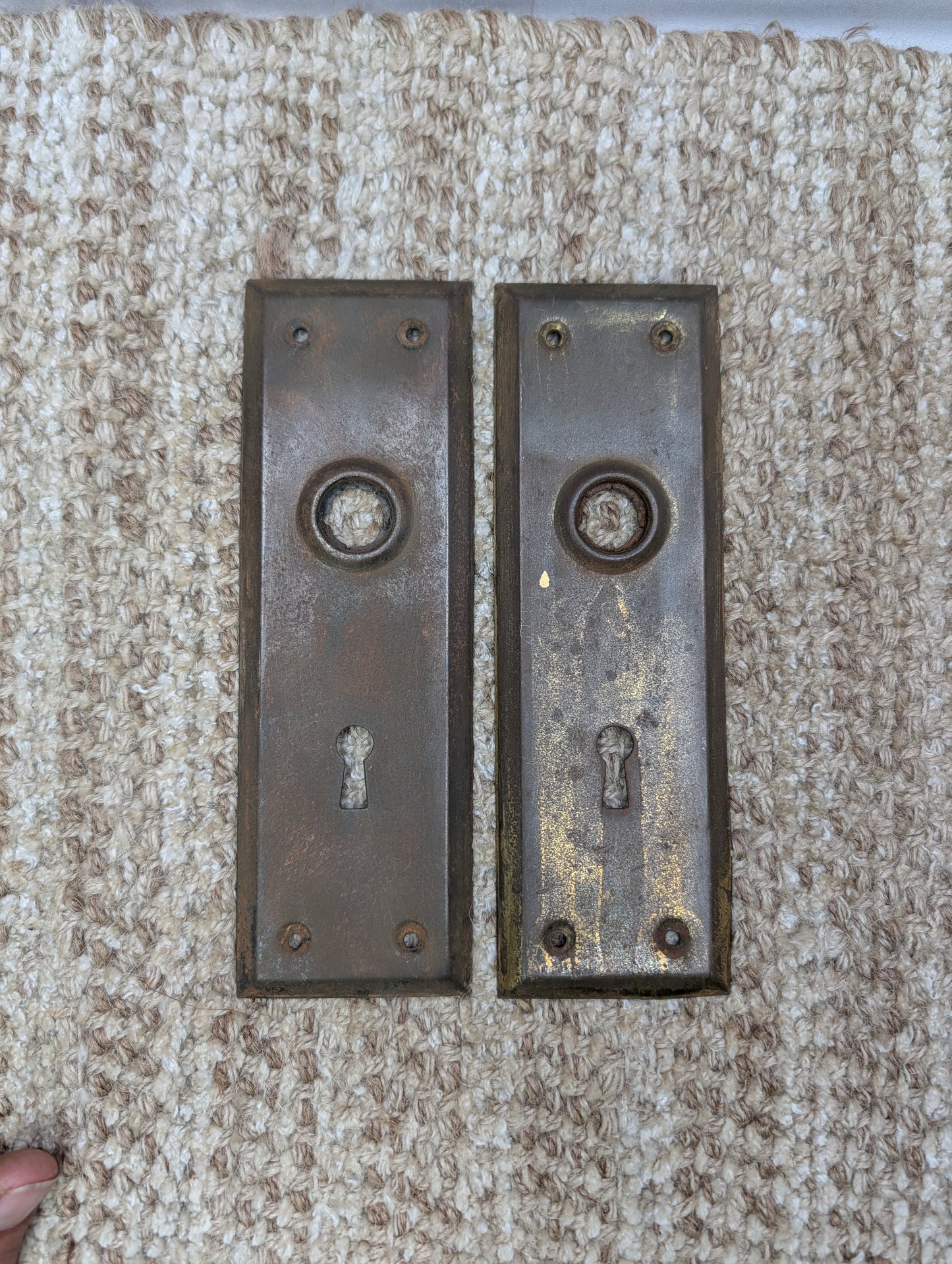 Pair 2 1/4" x 7" Antique Stamped Steel Door Knob Plates