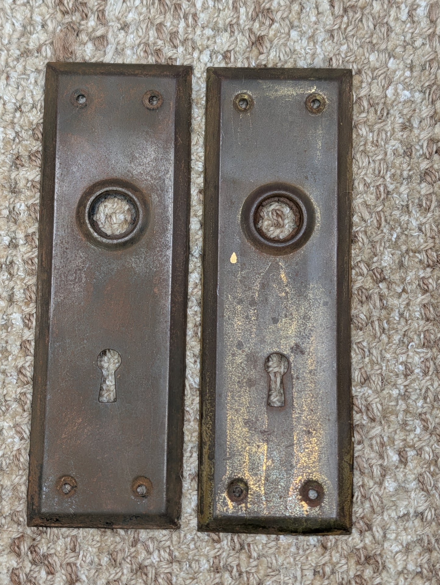 Pair 2 1/4" x 7" Antique Stamped Steel Door Knob Plates