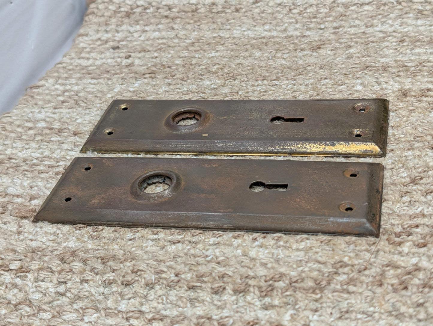 Pair 2 1/4" x 7" Antique Stamped Steel Door Knob Plates