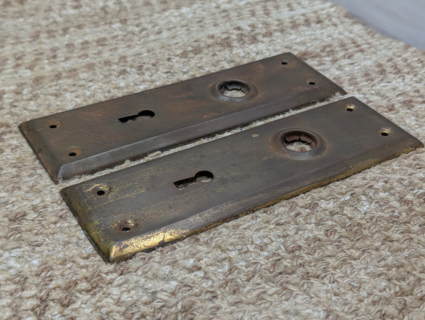 Pair 2 1/4" x 7" Antique Stamped Steel Door Knob Plates