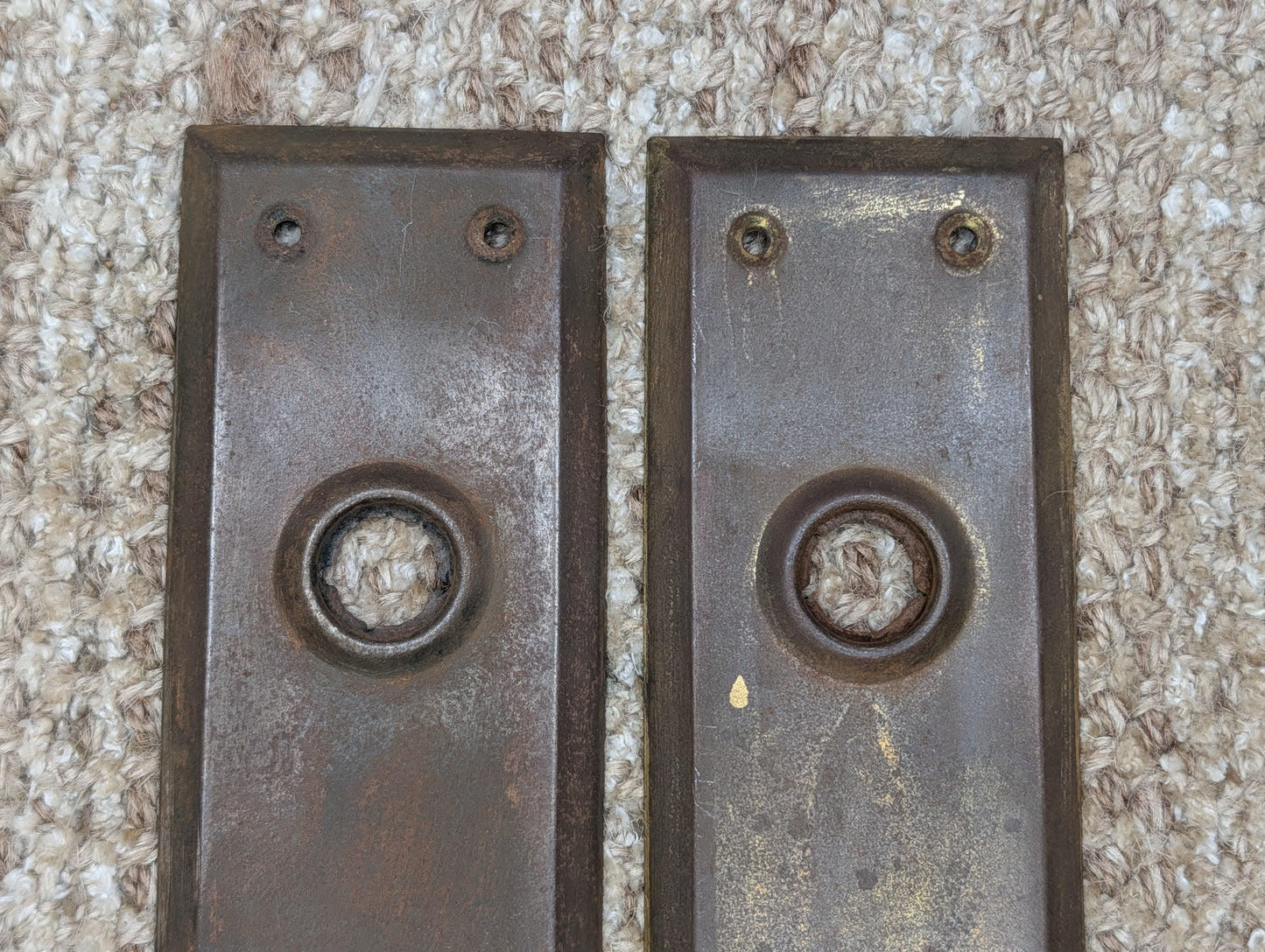 Pair 2 1/4" x 7" Antique Stamped Steel Door Knob Plates