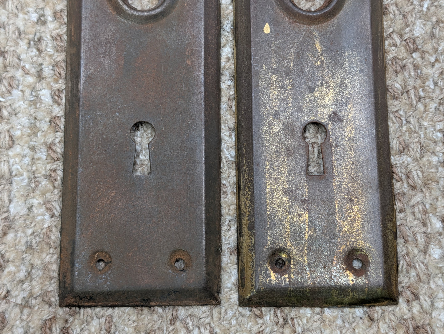 Pair 2 1/4" x 7" Antique Stamped Steel Door Knob Plates