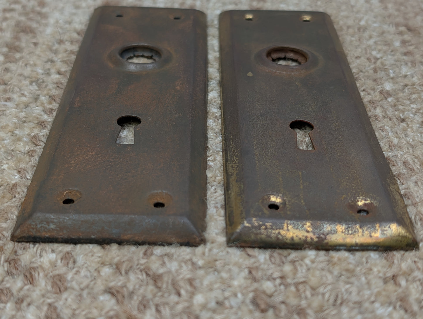 Pair 2 1/4" x 7" Antique Stamped Steel Door Knob Plates