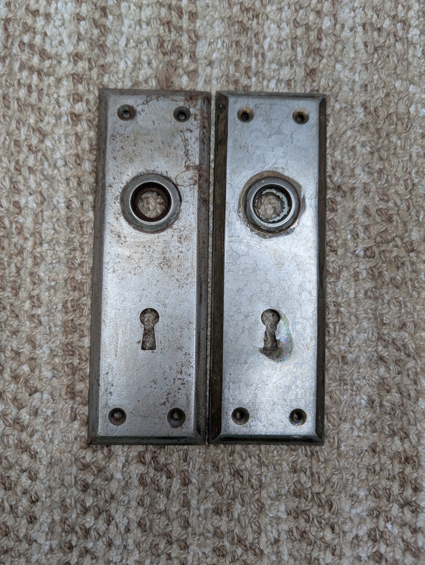 Pair Of 2 1/4" x 7"  Antique Stamped Steel Door Knob Plates