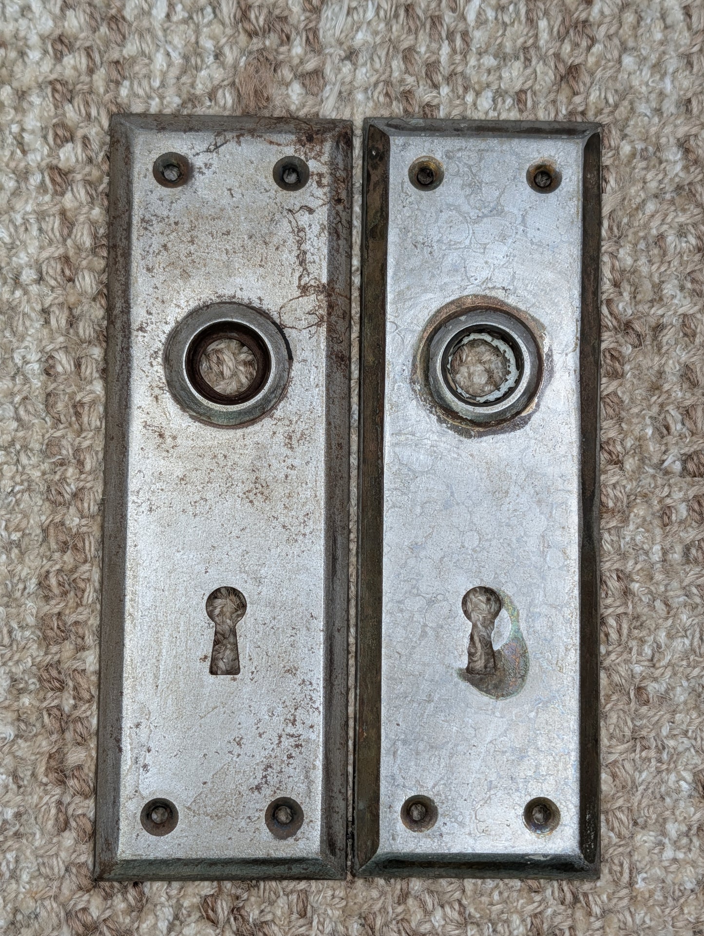 Pair Of 2 1/4" x 7"  Antique Stamped Steel Door Knob Plates