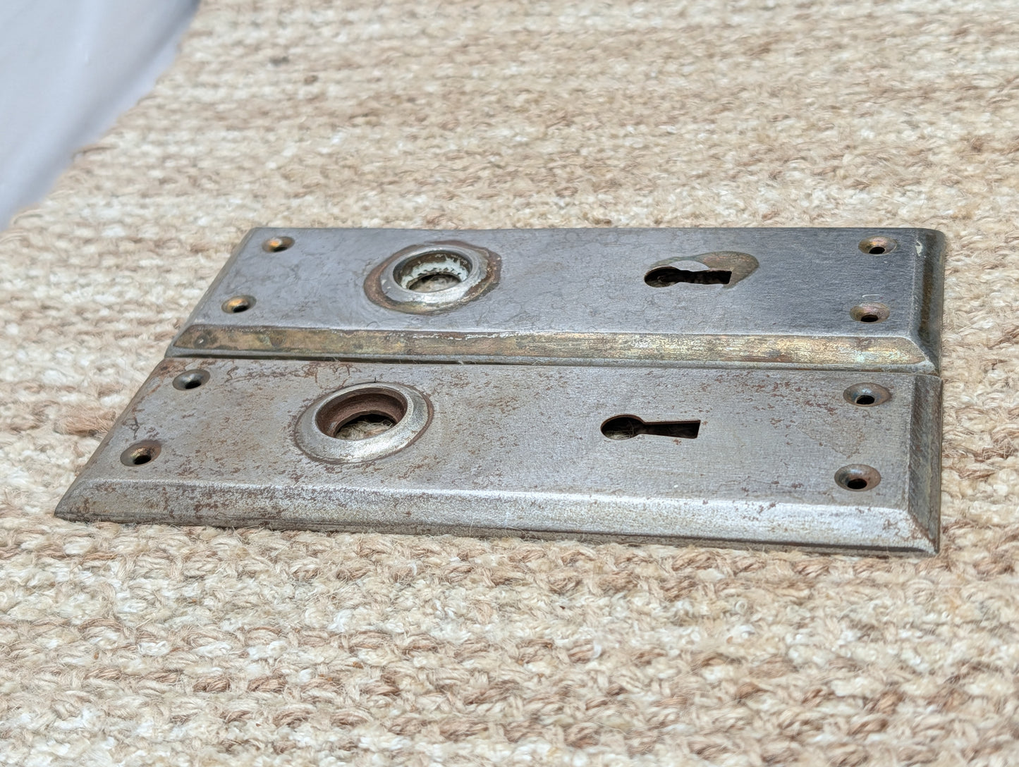 Pair Of 2 1/4" x 7"  Antique Stamped Steel Door Knob Plates