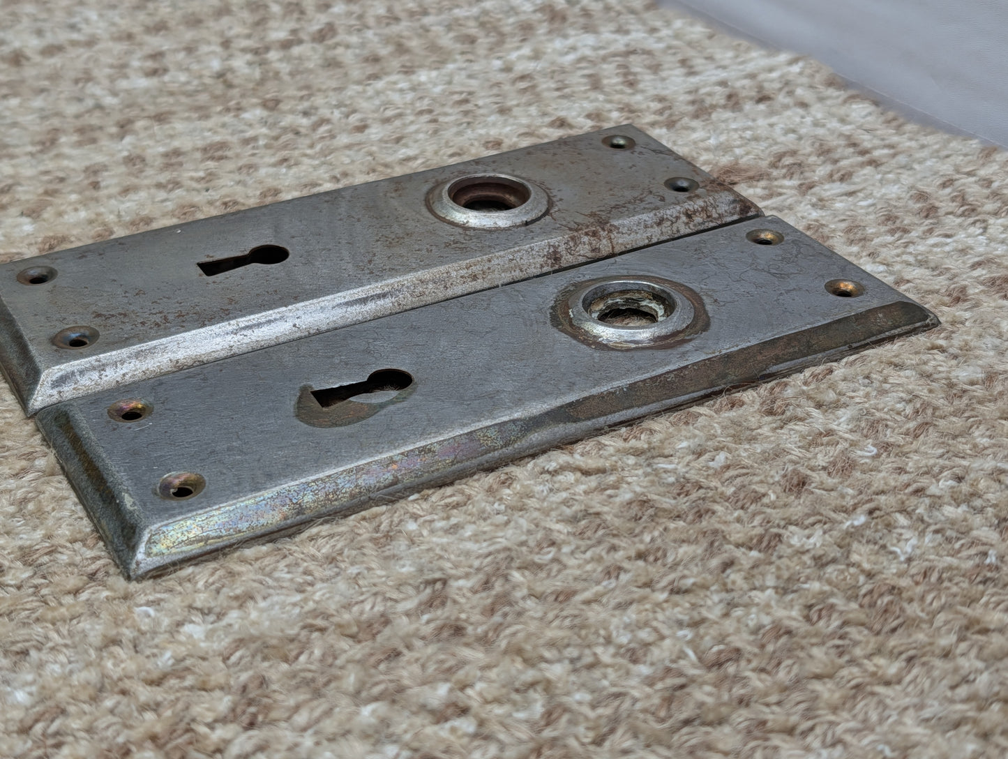 Pair Of 2 1/4" x 7"  Antique Stamped Steel Door Knob Plates