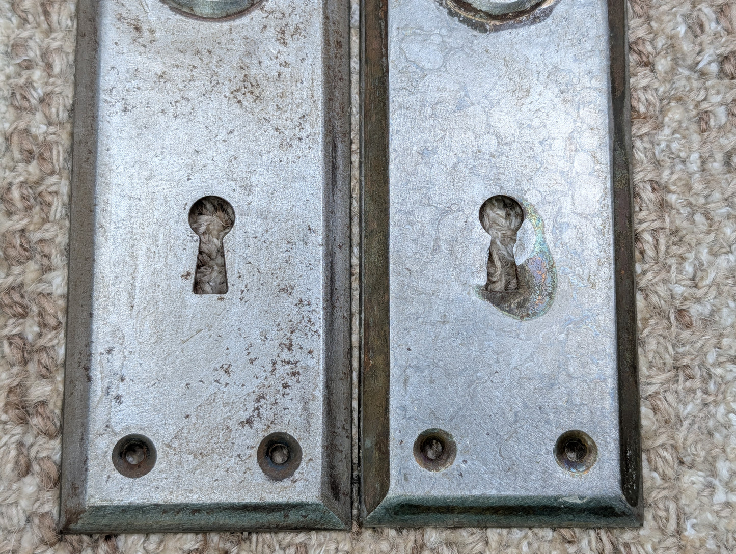Pair Of 2 1/4" x 7"  Antique Stamped Steel Door Knob Plates