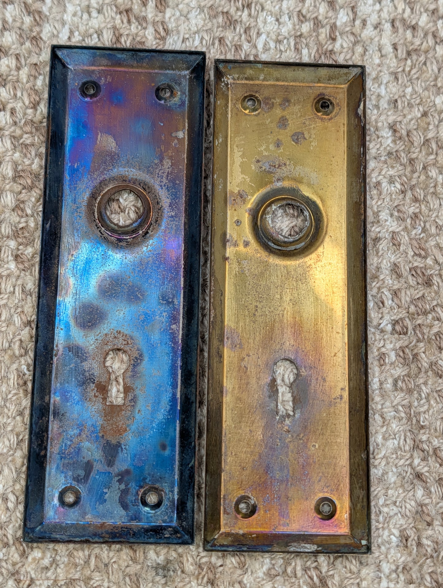 Pair Of 2 1/4" x 7"  Antique Stamped Steel Door Knob Plates