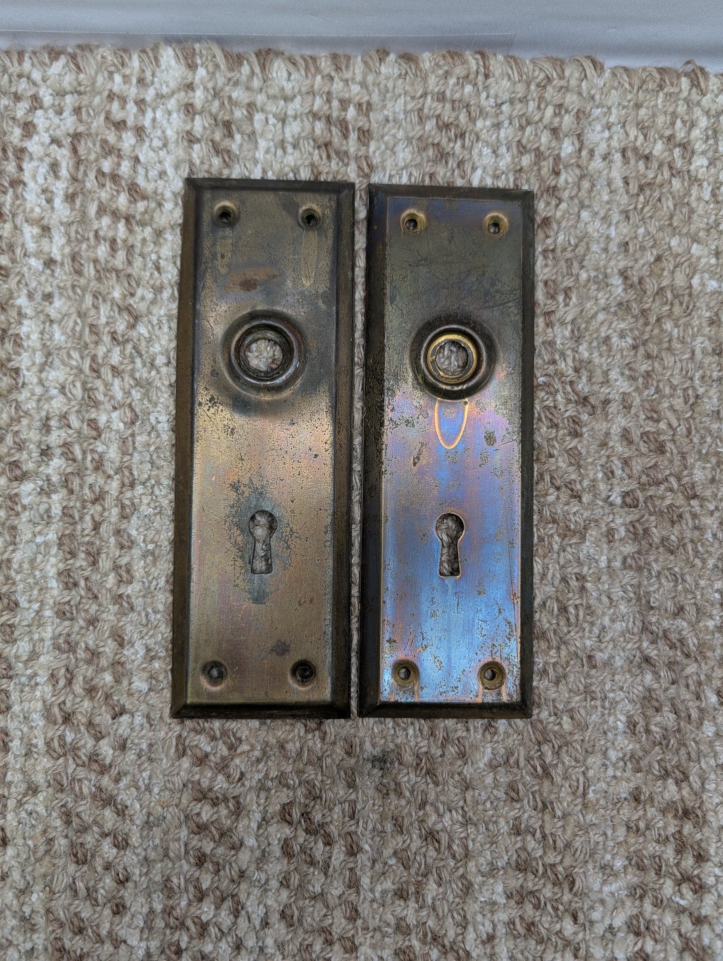Pair Of 2 1/4" x 7"  Antique Brass Plated Stamped Steel Door Knob Plates