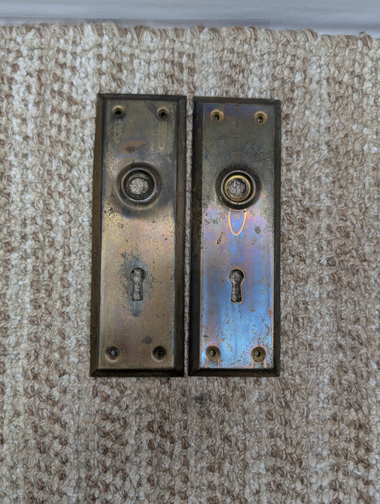 Pair Of 2 1/4" x 7"  Antique Brass Plated Stamped Steel Door Knob Plates