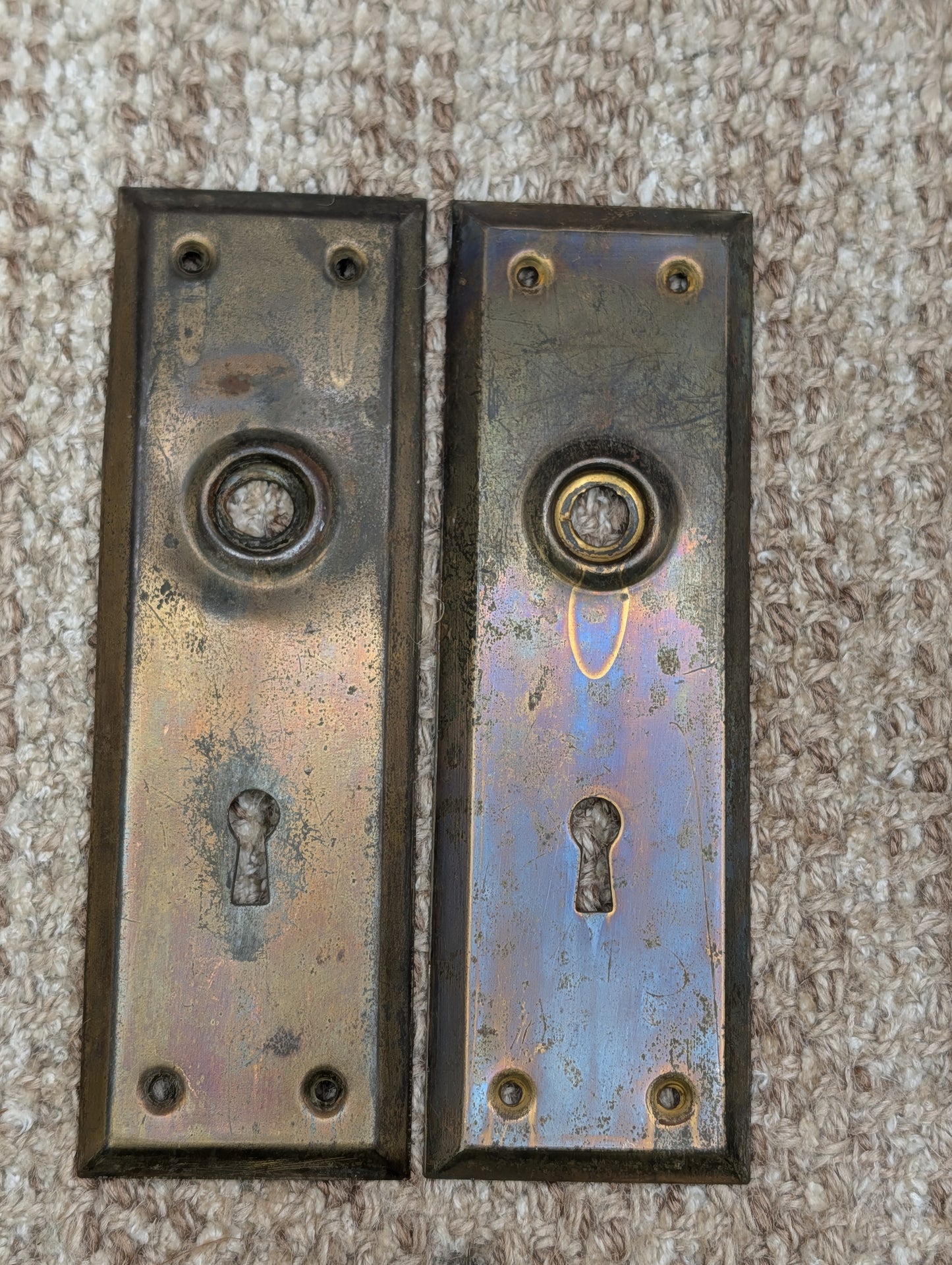 Pair Of 2 1/4" x 7"  Antique Brass Plated Stamped Steel Door Knob Plates