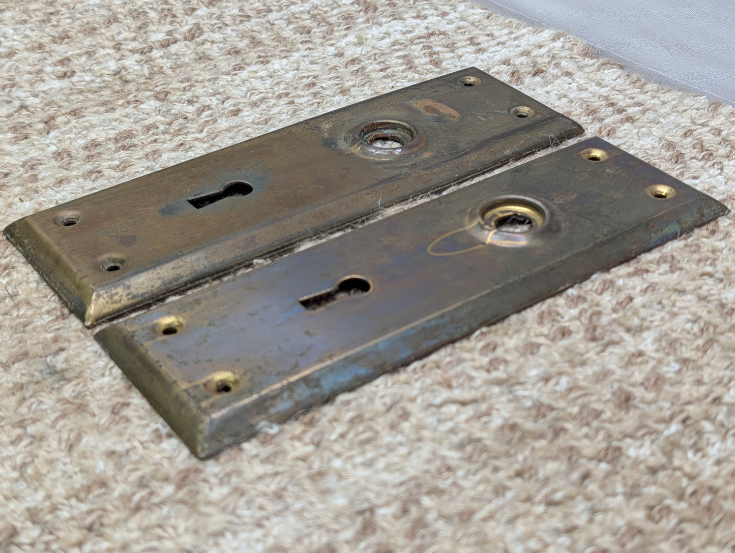 Pair Of 2 1/4" x 7"  Antique Brass Plated Stamped Steel Door Knob Plates