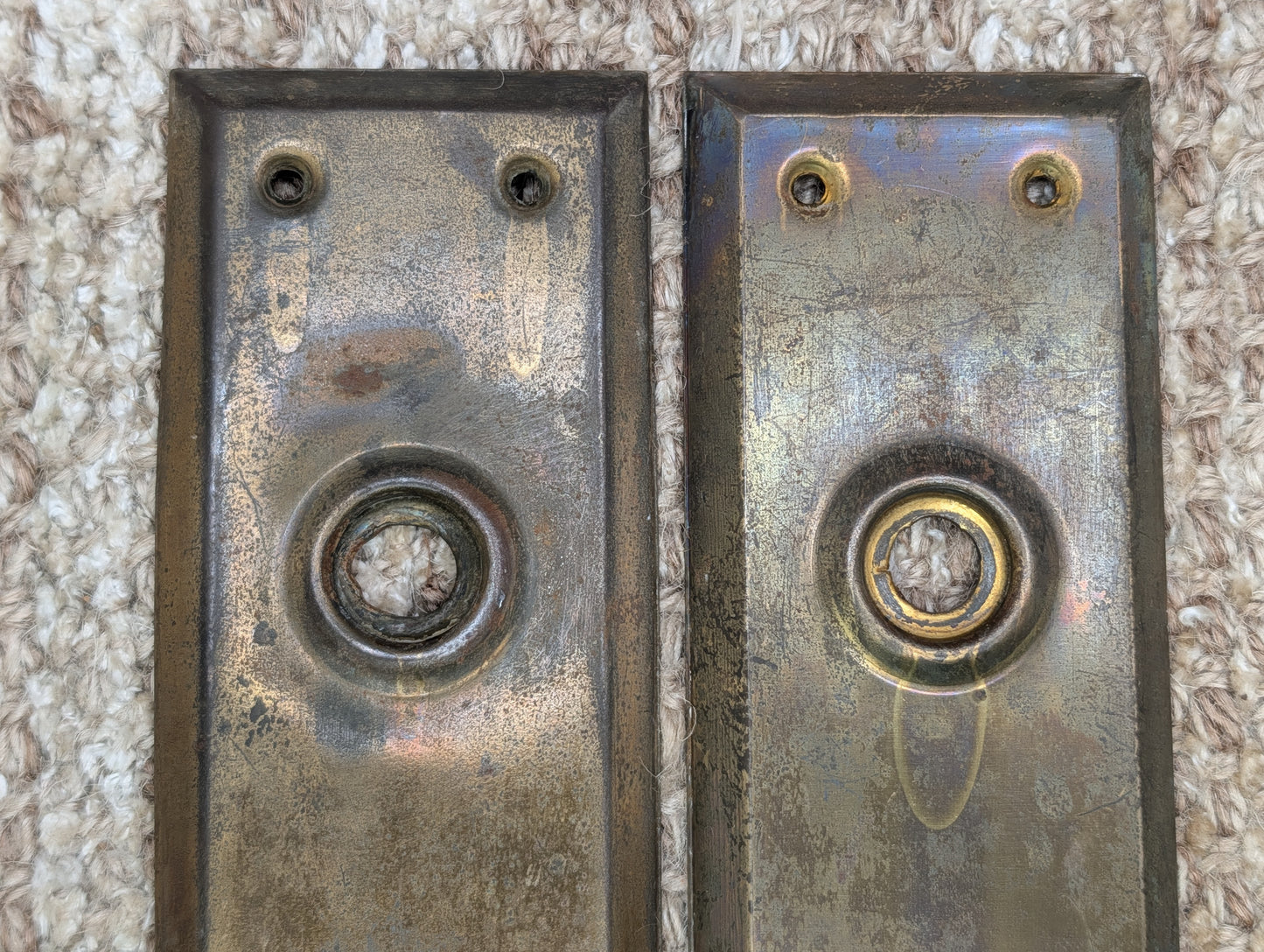 Pair Of 2 1/4" x 7"  Antique Brass Plated Stamped Steel Door Knob Plates