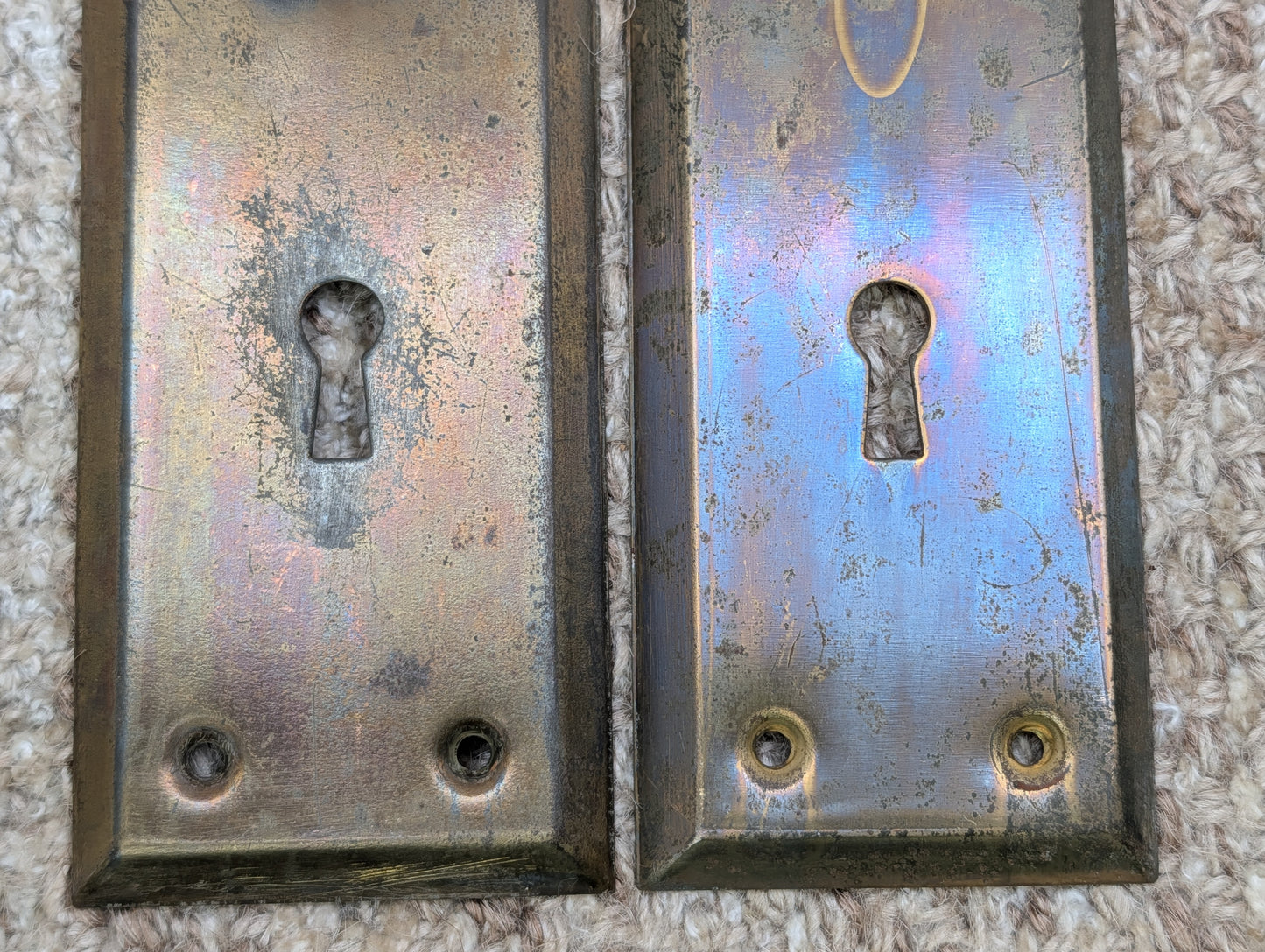 Pair Of 2 1/4" x 7"  Antique Brass Plated Stamped Steel Door Knob Plates
