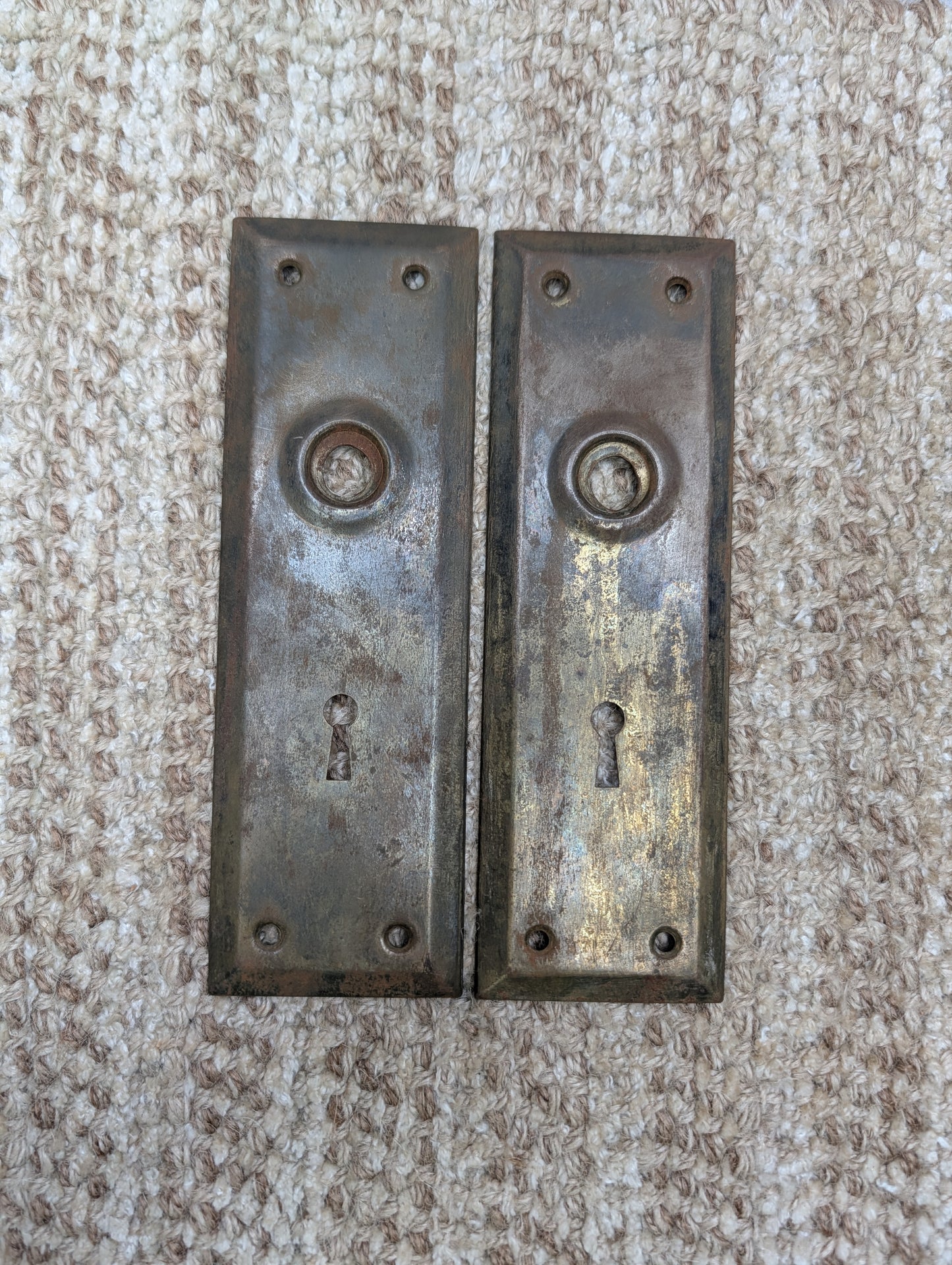 Pair 2 1/4" x 7" Antique Stamped Steel Door Knob Plates