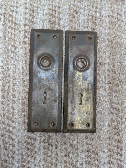 Pair 2 1/4" x 7" Antique Stamped Steel Door Knob Plates