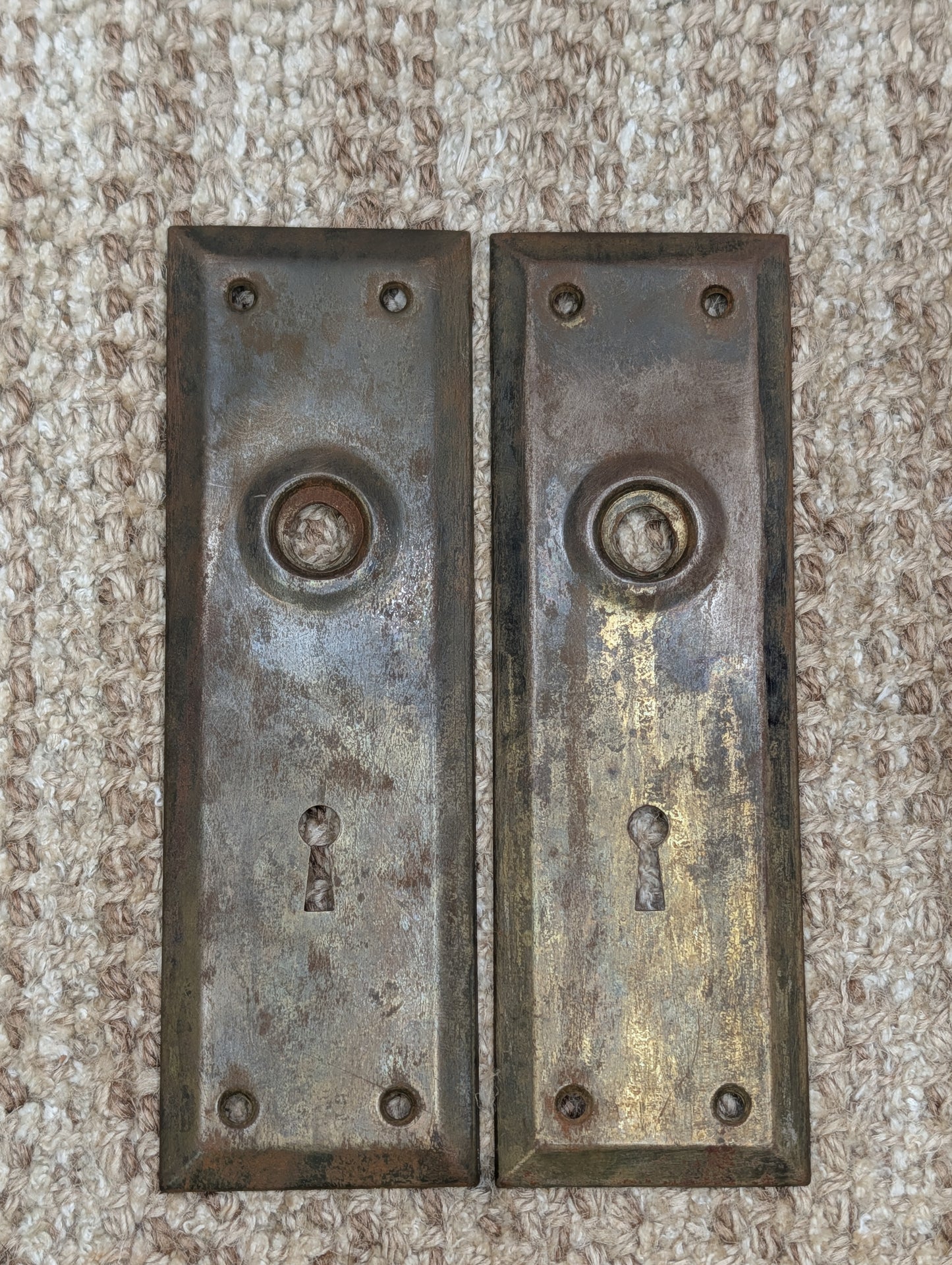 Pair 2 1/4" x 7" Antique Stamped Steel Door Knob Plates