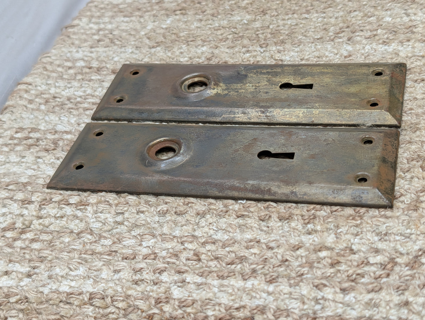 Pair 2 1/4" x 7" Antique Stamped Steel Door Knob Plates