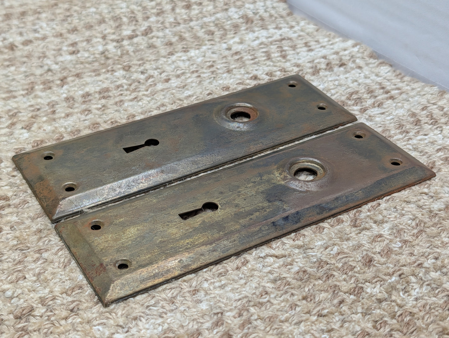Pair 2 1/4" x 7" Antique Stamped Steel Door Knob Plates