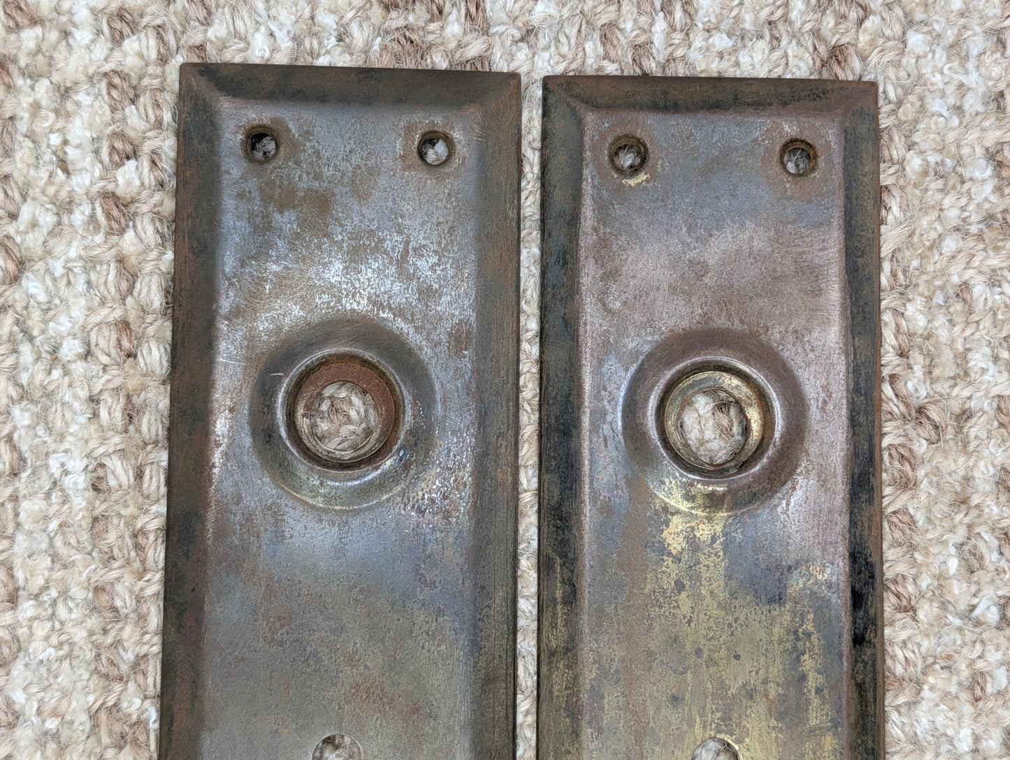 Pair 2 1/4" x 7" Antique Stamped Steel Door Knob Plates