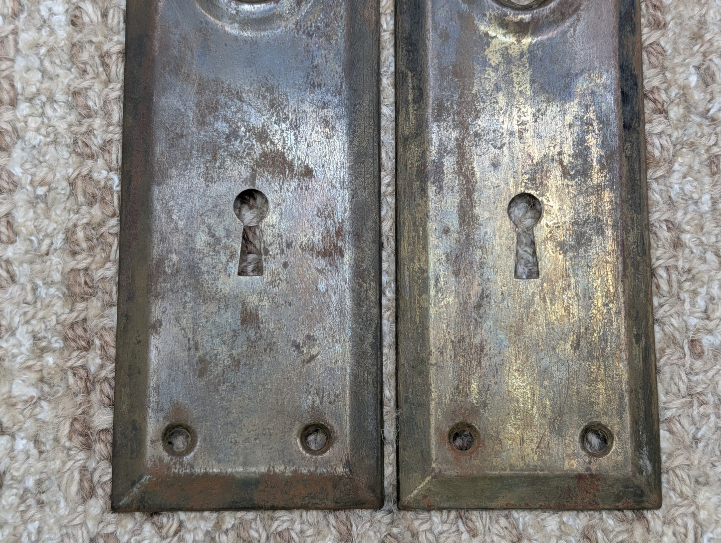 Pair 2 1/4" x 7" Antique Stamped Steel Door Knob Plates