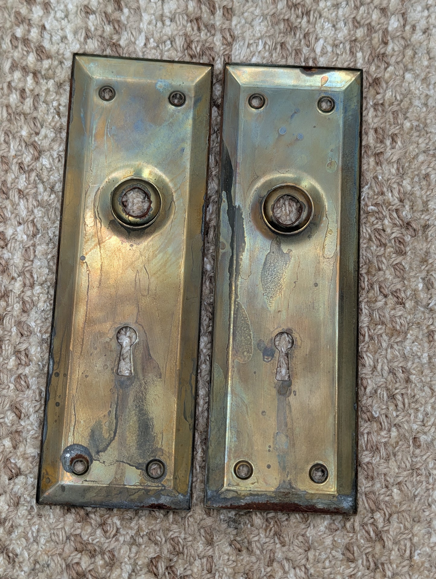 Pair 2 1/4" x 7" Antique Stamped Steel Door Knob Plates