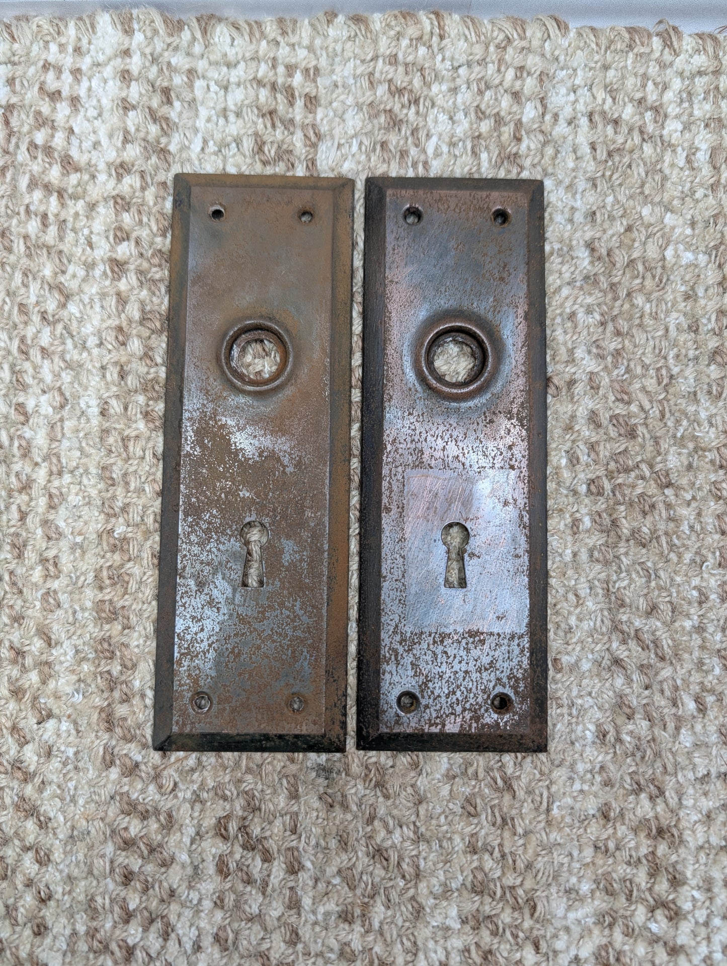 Pair 2 1/4" x 7" Antique Stamped Steel Door Knob Plates