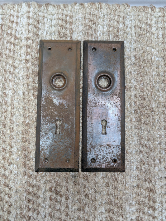 Pair 2 1/4" x 7" Antique Stamped Steel Door Knob Plates