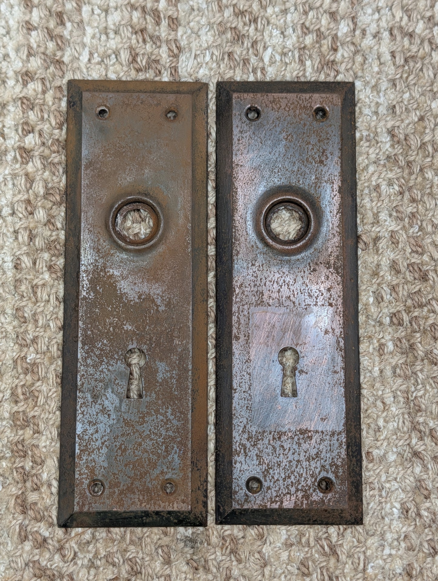 Pair 2 1/4" x 7" Antique Stamped Steel Door Knob Plates