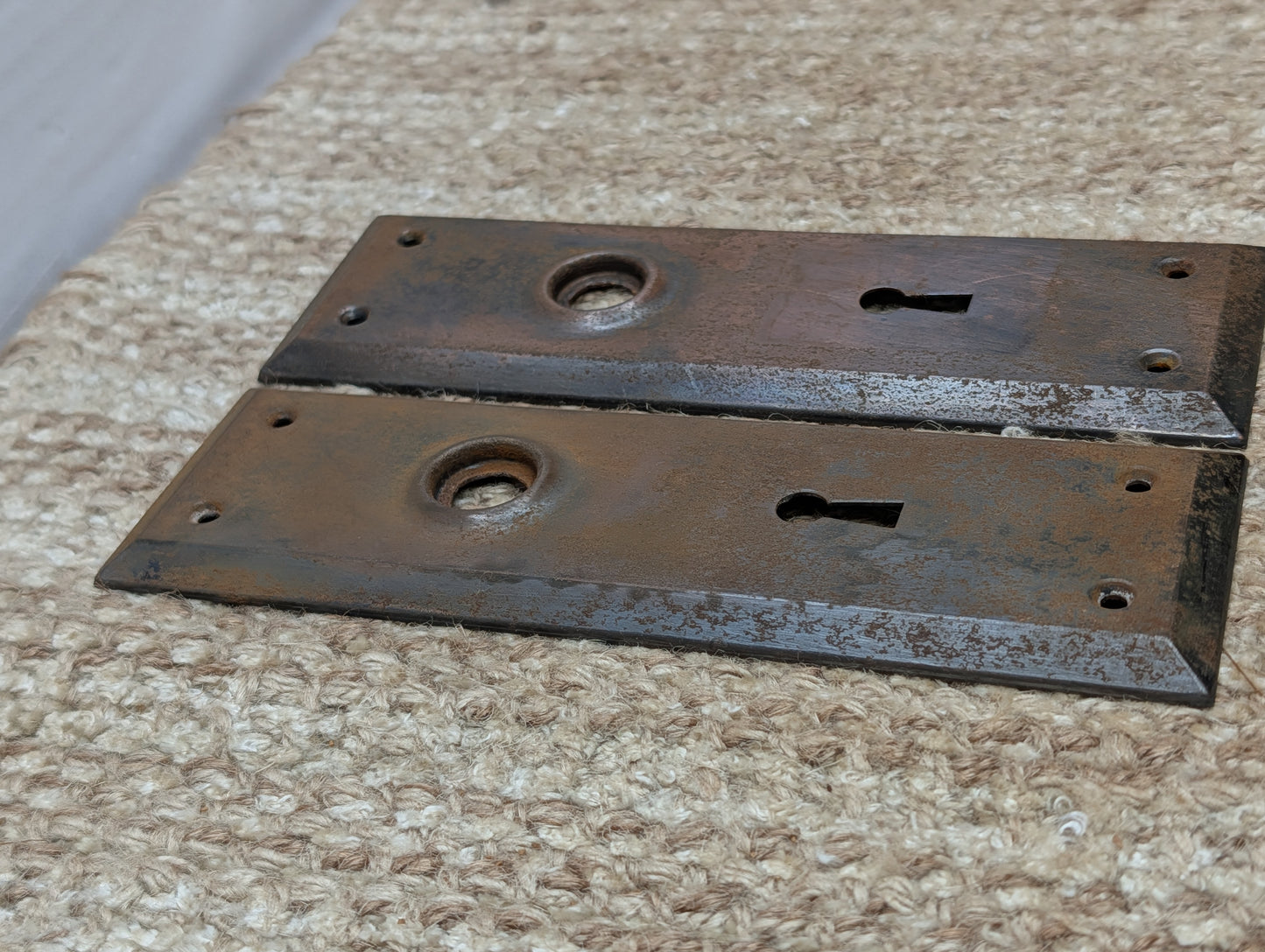 Pair 2 1/4" x 7" Antique Stamped Steel Door Knob Plates