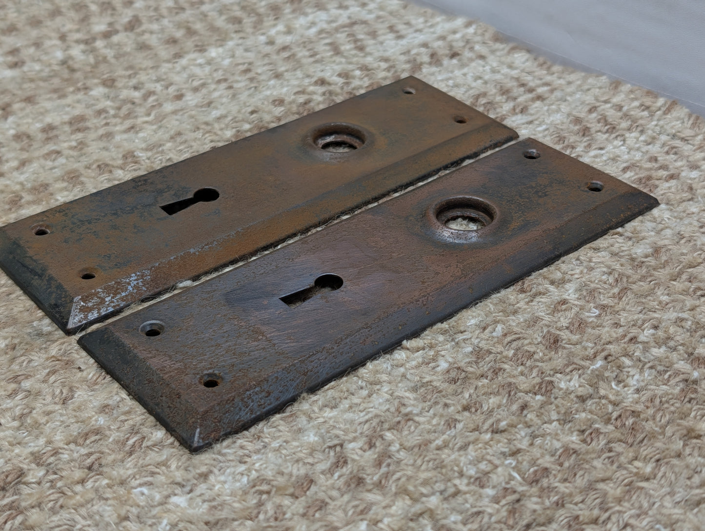 Pair 2 1/4" x 7" Antique Stamped Steel Door Knob Plates