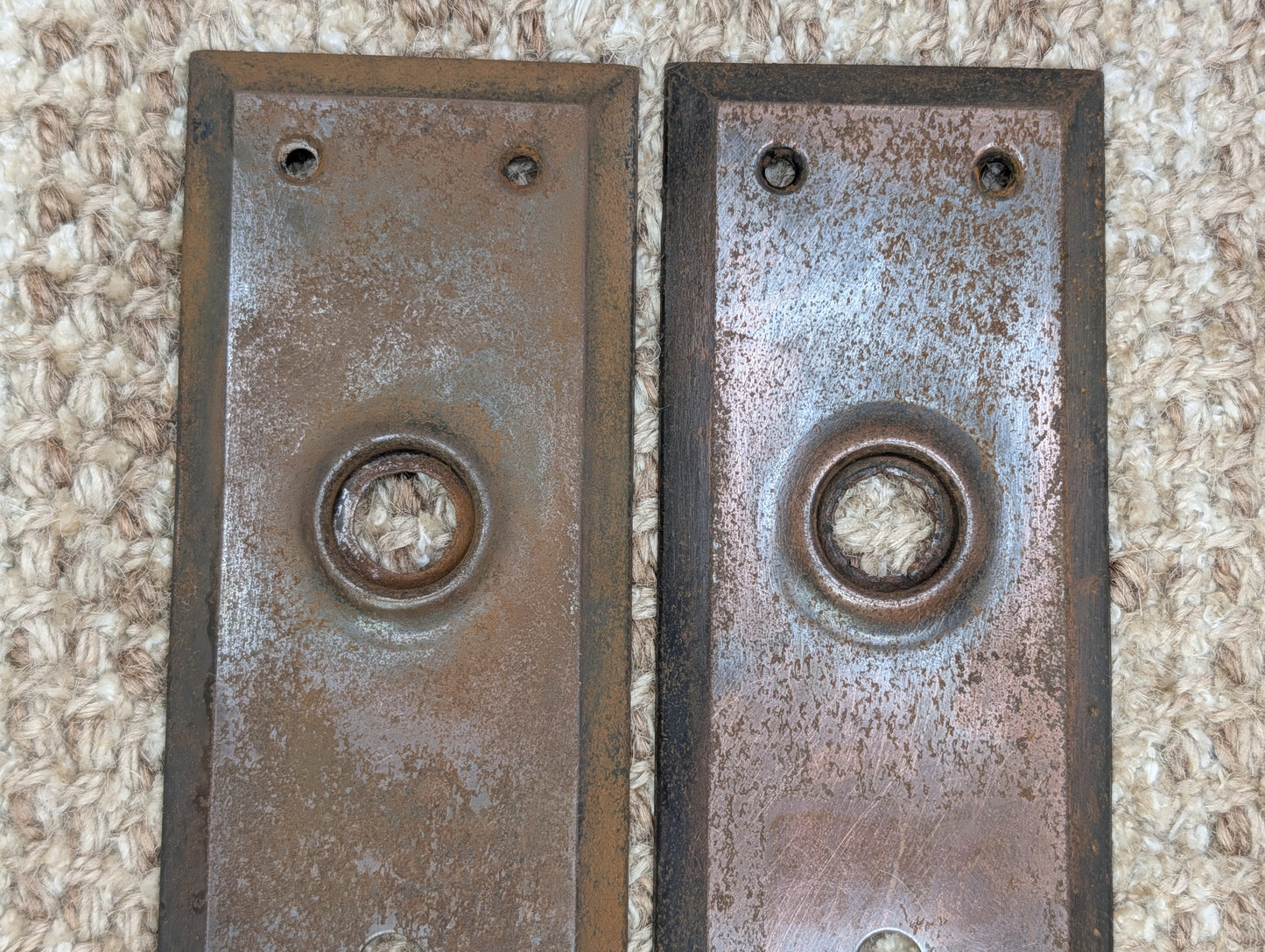 Pair 2 1/4" x 7" Antique Stamped Steel Door Knob Plates