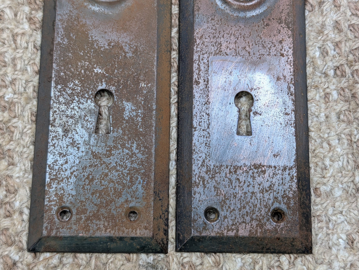 Pair 2 1/4" x 7" Antique Stamped Steel Door Knob Plates