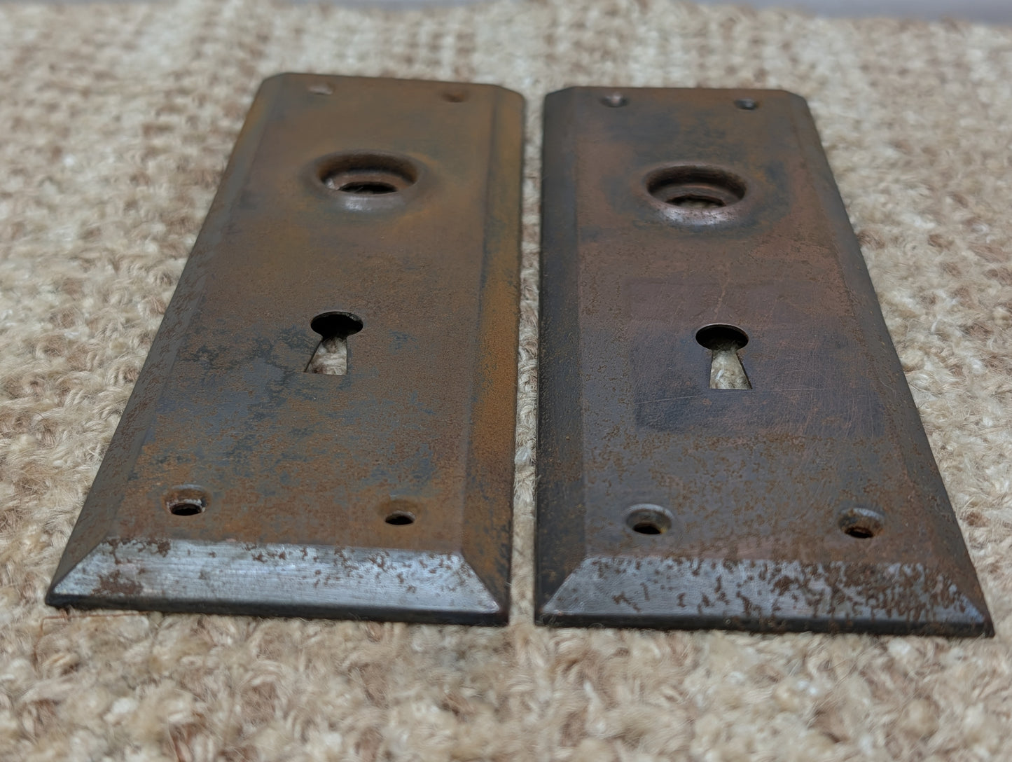Pair 2 1/4" x 7" Antique Stamped Steel Door Knob Plates