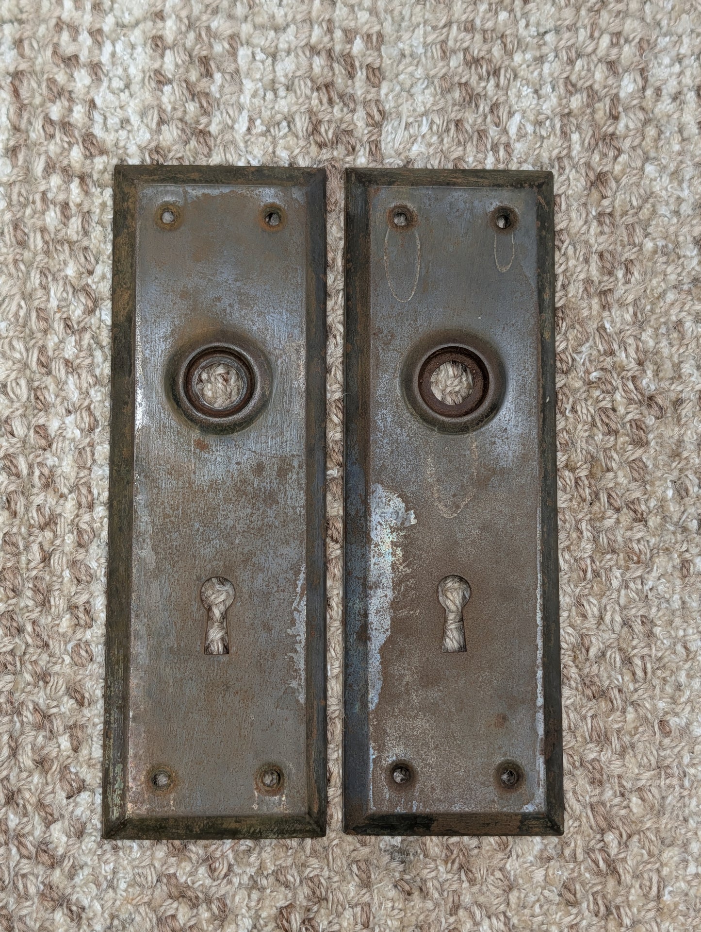 Pair 2 1/4" x 7" Antique Stamped Steel Door Knob Plates