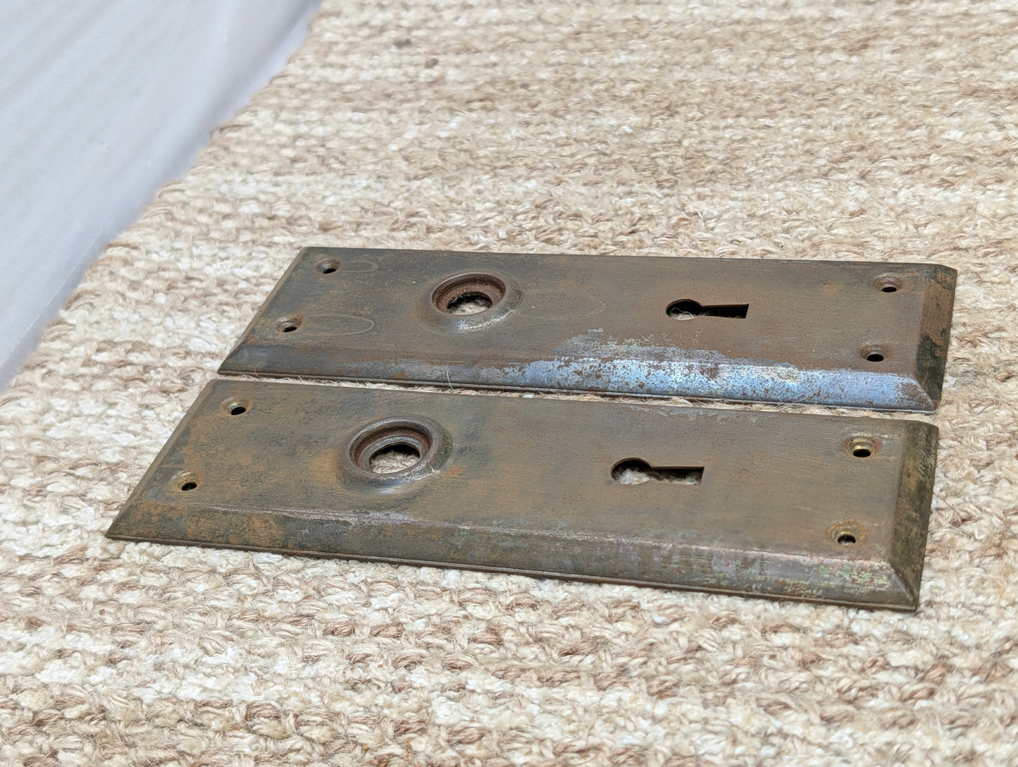 Pair 2 1/4" x 7" Antique Stamped Steel Door Knob Plates