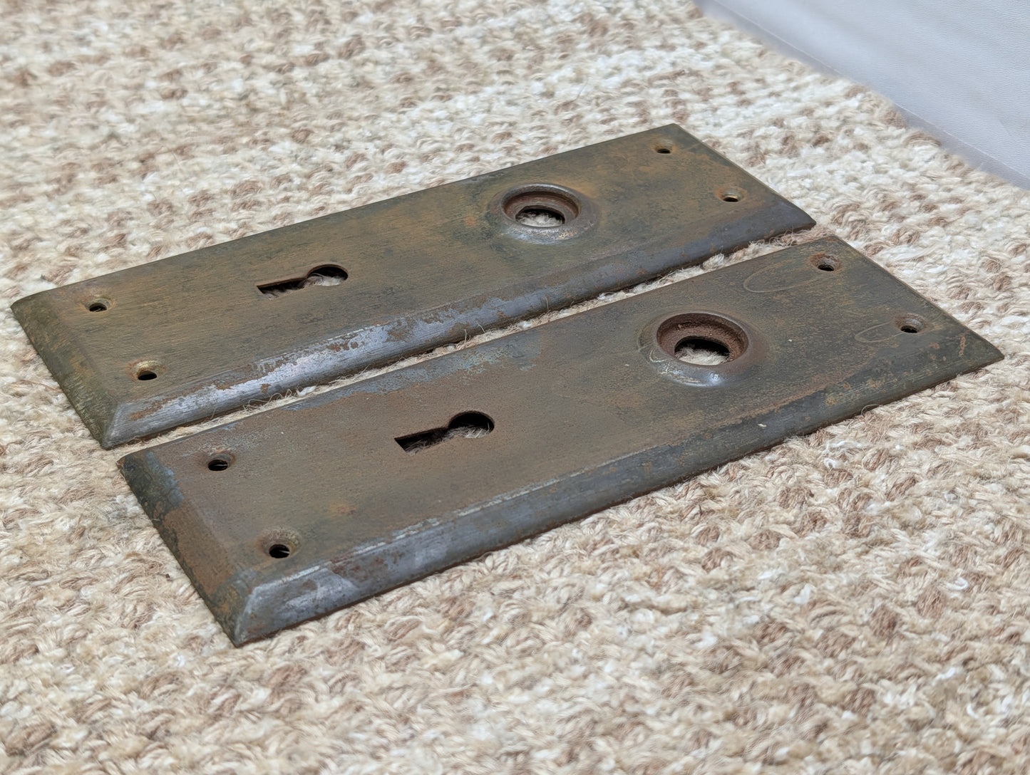 Pair 2 1/4" x 7" Antique Stamped Steel Door Knob Plates