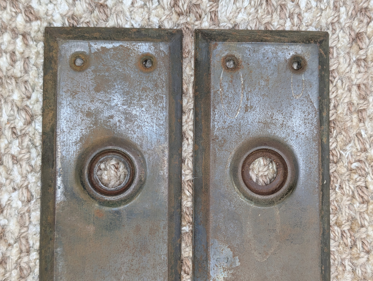 Pair 2 1/4" x 7" Antique Stamped Steel Door Knob Plates